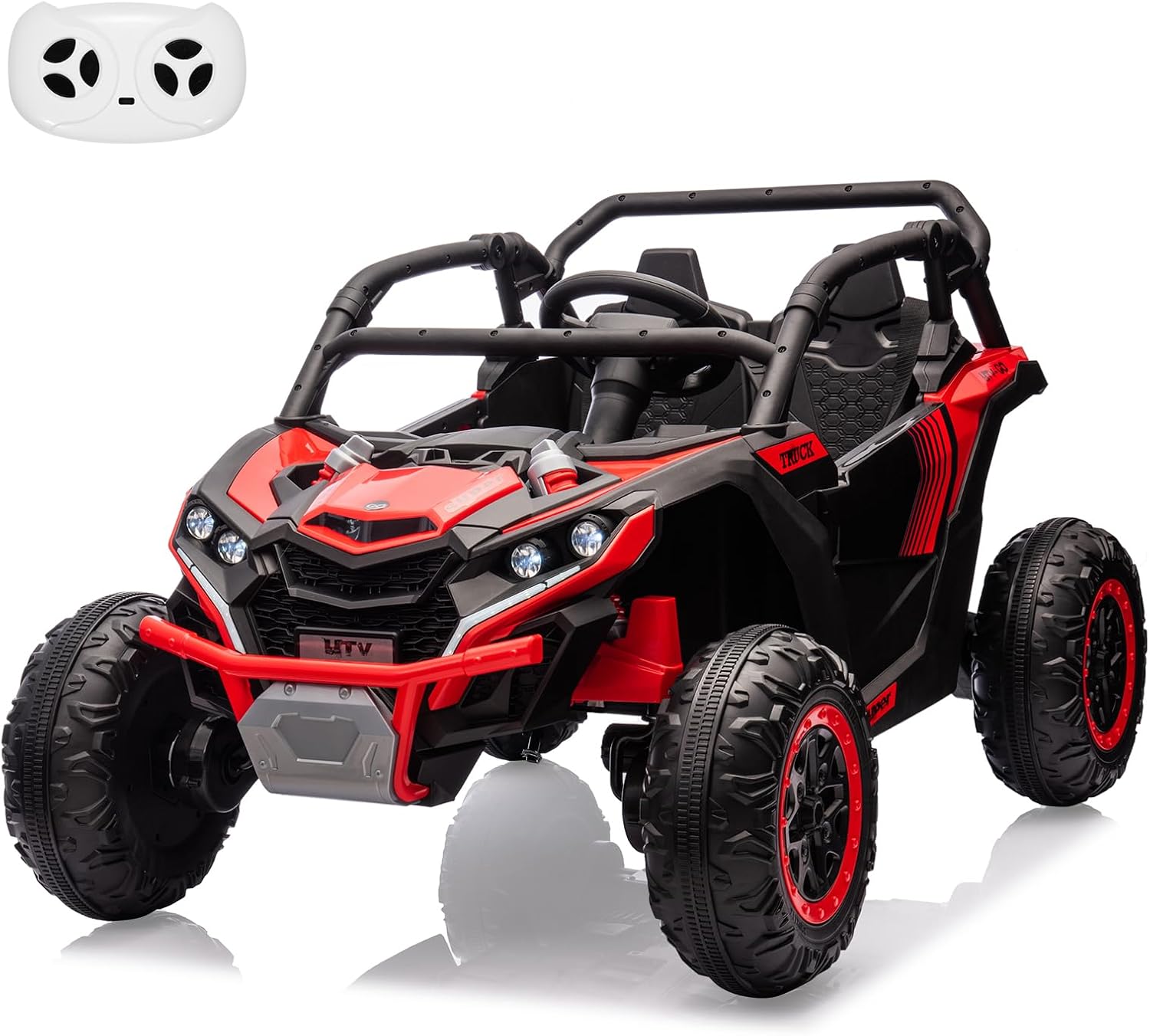 24V Ride on Car for Kids, 2 Seater Powered Electric Off-Road UTV Toy,4WD Electric Vehicle with Remote Control,LED Lights,Four Wheel Shock Absorption,3 Speeds,Horn, Music (Red)