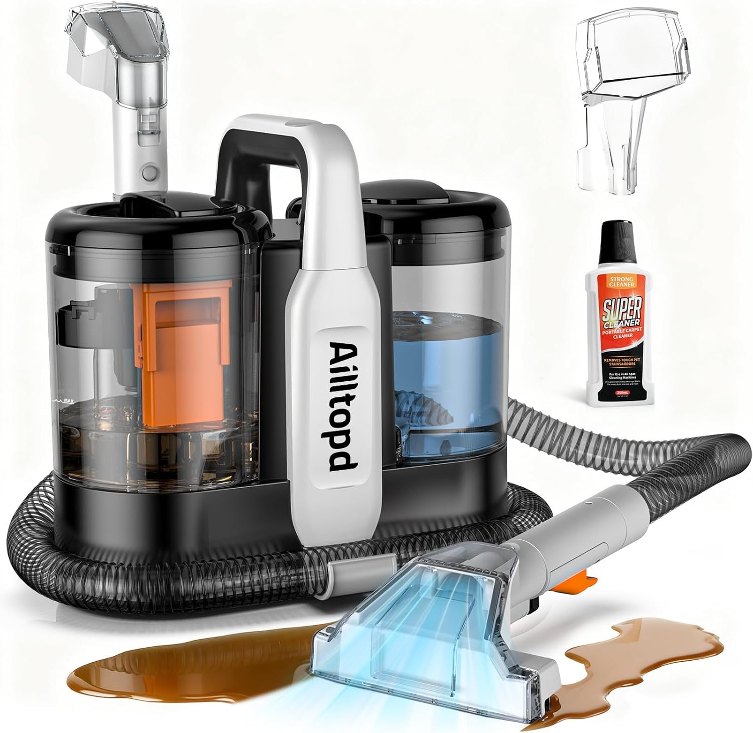 Ailltopd Portable Carpet & Upholstery Cleaner Machine, 15Kpa Strong Suction Couch Cleaner Machine, Spot Cleaner for Carpet, Car, Pets, Stairs, Sofa, Couch Cleaner Machine, Self-Cleaning & 2 Brush