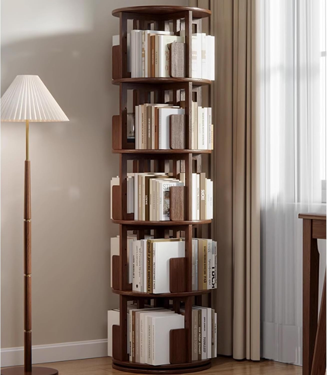Solid Wood rotating bookshelf tower 4/5/6 vertical corner bookshelf tower 360° Floor Standing Bookcase Storage Rack Bookshelve Storage Display Rack for Living Room Study Room Office(Walnut,46*46*162cm