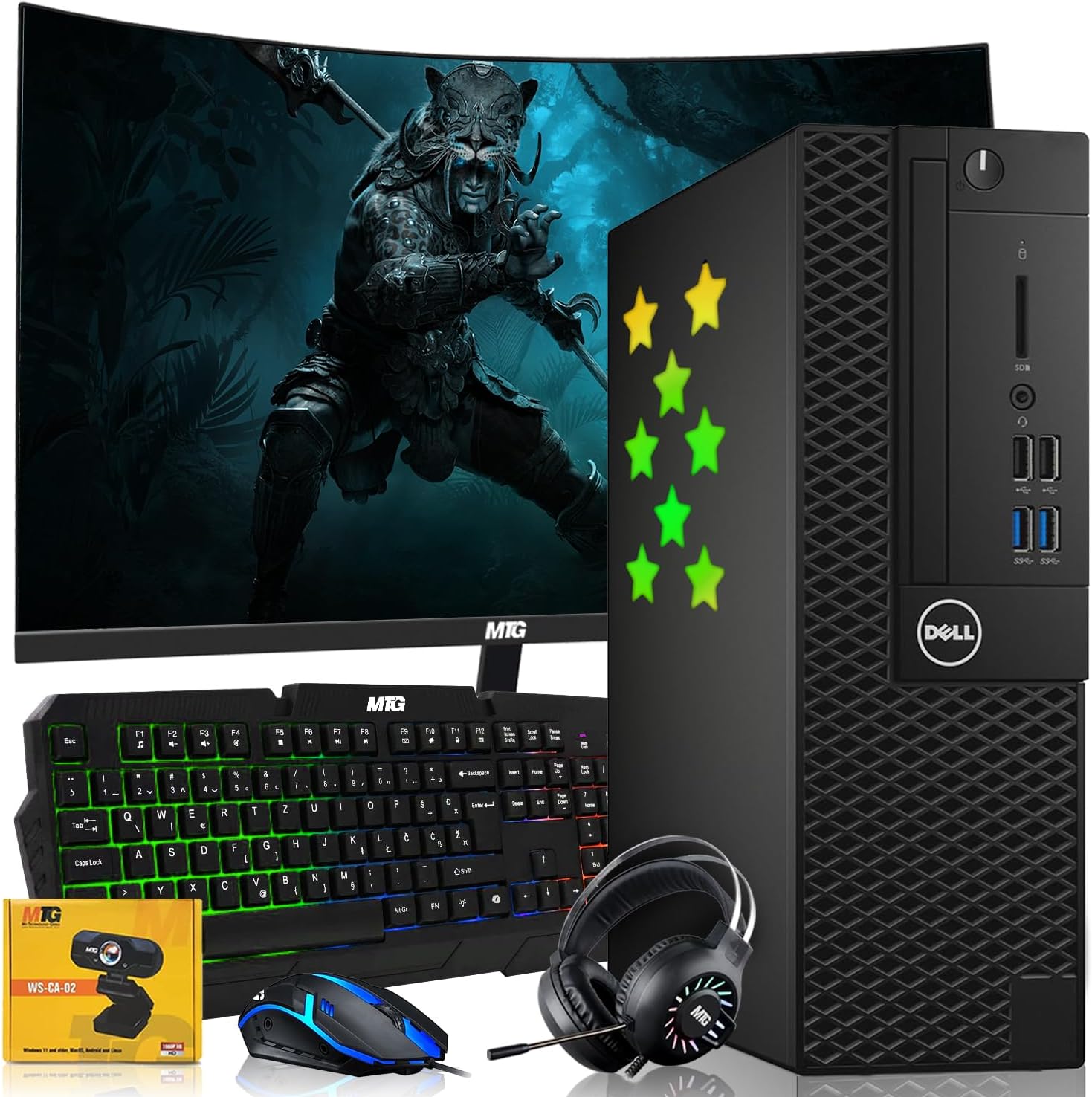 Dell Desktop PC Gaming Bundle - Core i7, 16GB RAM, 1TB SSD, 27-inch Curved Monitor, GT 1030, RGB Keyboard with AI-Enhanced Copilot Key and Mouse, RGB Headphone, Webcam, Wi-Fi, Win 11 Pro (Renewed)