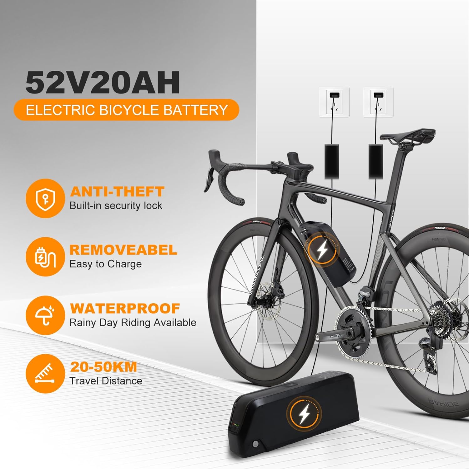 36V 48V 52V 4 Pin 10.4Ah 15.6AH 20AH Ebike Battery with 30A BMS, 2A/5A Charger, USB Port, Safety Lock, for 100W-1500W Motor, Scooter Electric Bicycle Bike (52V20AH-4PIN)