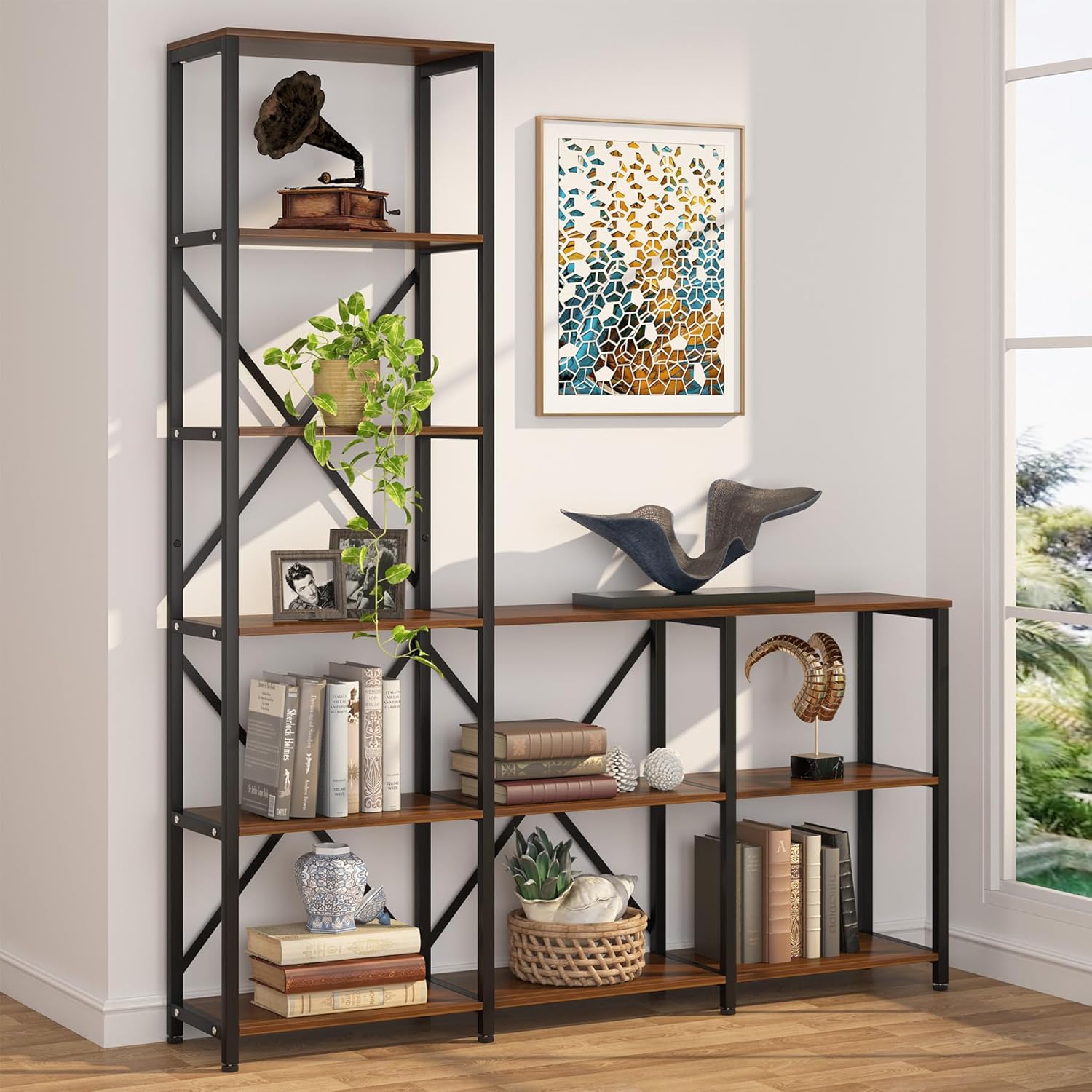 Tribesigns Modern 9 Shelves Bookshelves, Industrial Stepped Ladder Corner Etagere Bookcase, Rustic 6-Tier Display Open Shelf Storage Organizer for Living Room