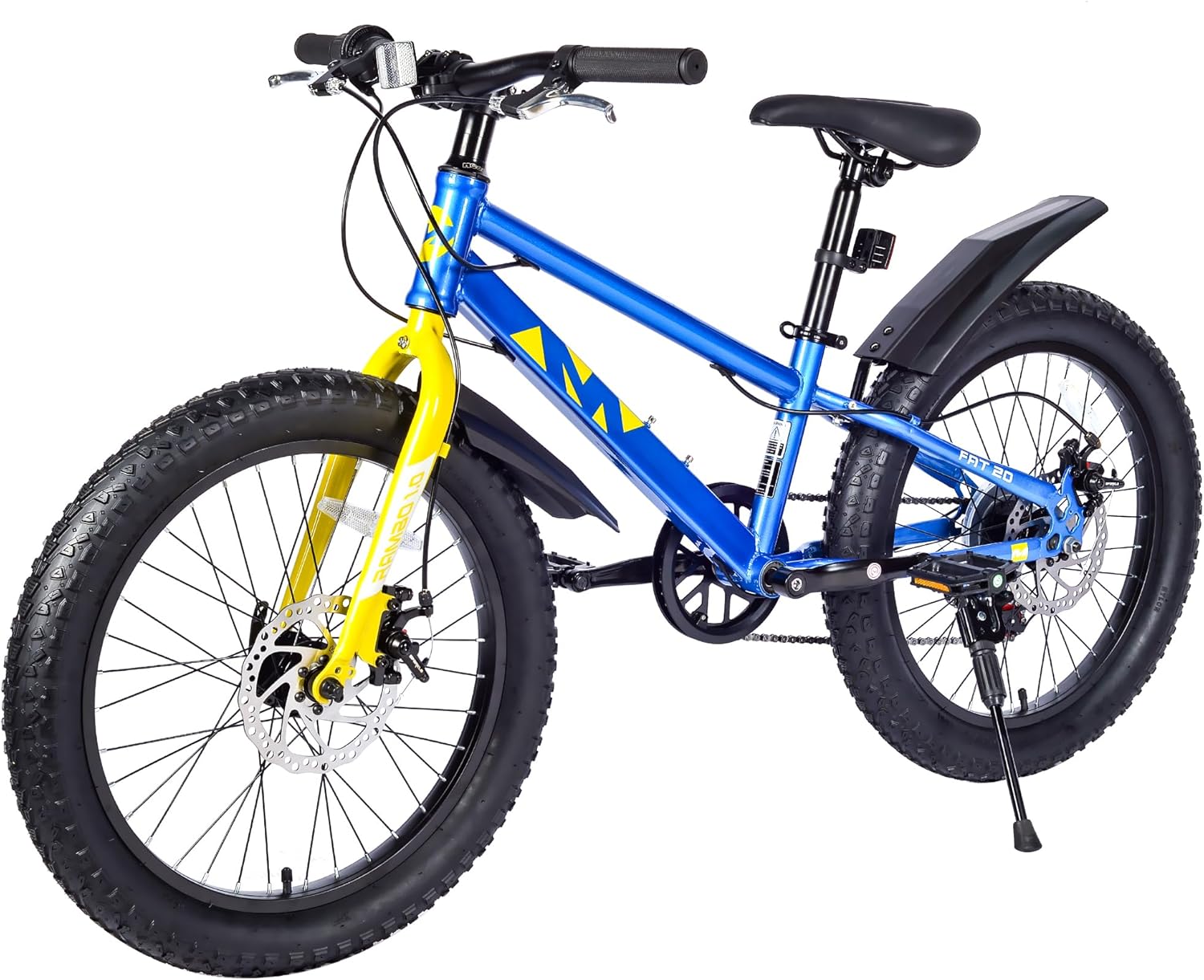 20x3.0 Fat Tire Kids Mountain Bike Snow Bike Beach Bike for 7-10 Years Old Steel Frame Disc Brake Bike 7 Speeds, Blue&Yellow