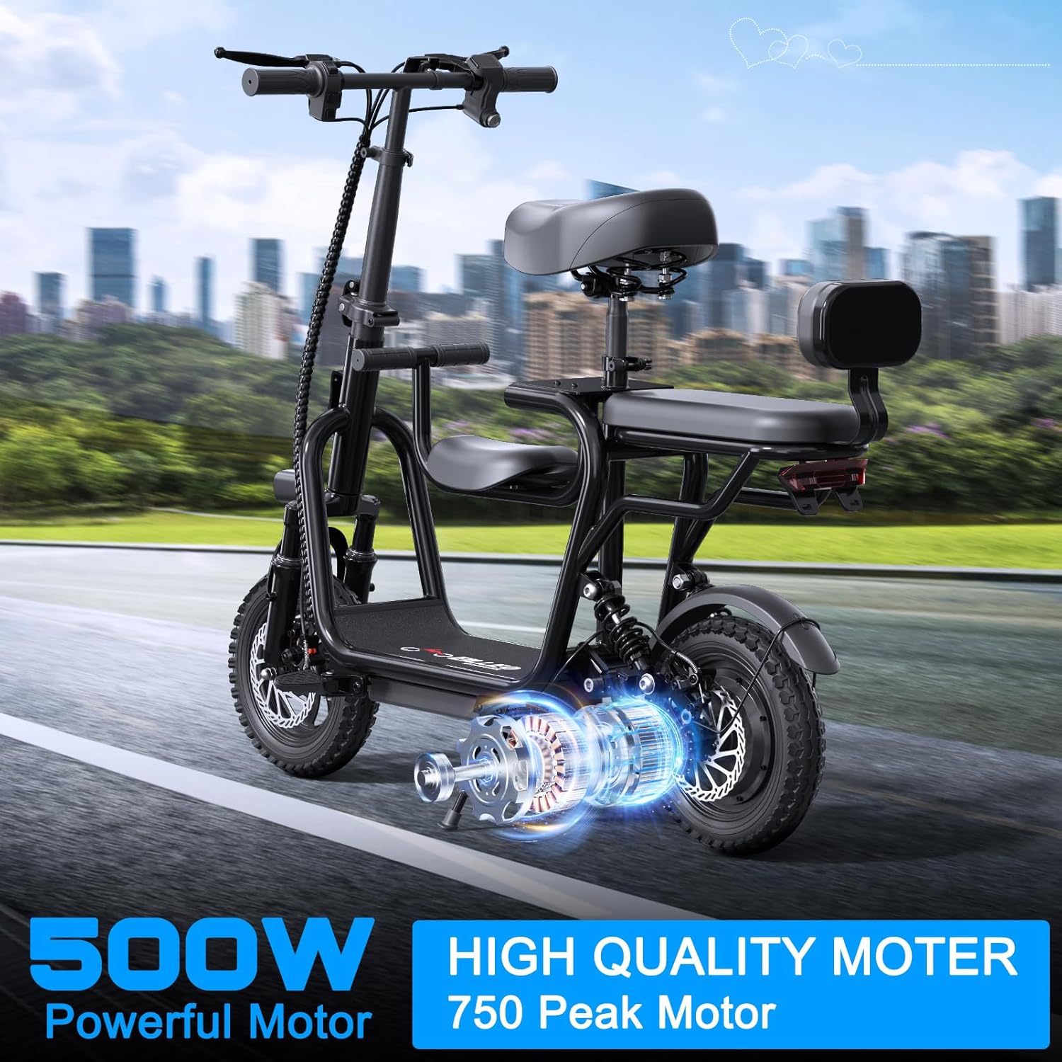 Adults Electric Scooter for Adult with Seat 48V, 18.75MPH Electric Scooter with Seat, 750W Peak Power 500W Motor, 20 Mile Range, e Scooters with Adjustable Seat & Dual Brakes