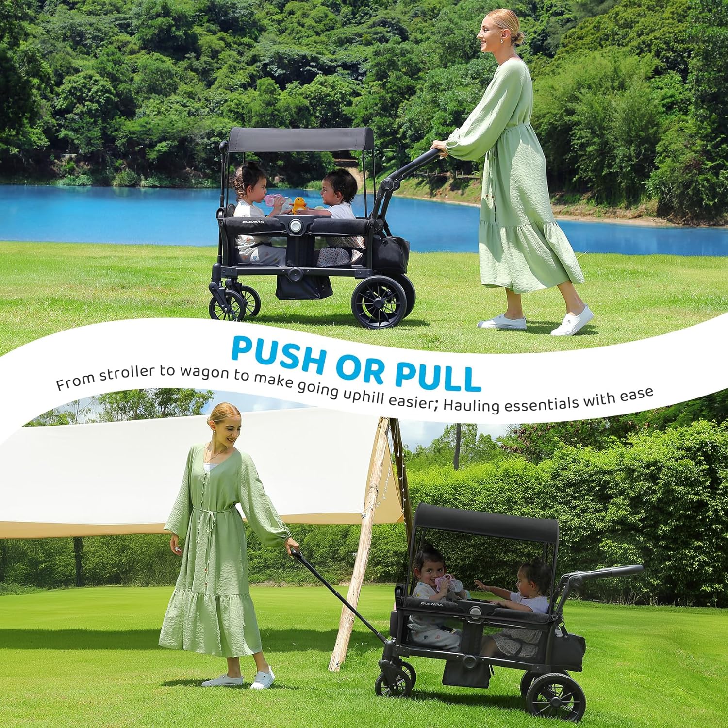 ELEMARA Wagon Stroller for 2 Kids, Premium All-Terrain Stroller with Canopy, Adjustable Push/Pull Handle Bar, Comfortable drop-down footwell and Upholstered Seats, Black