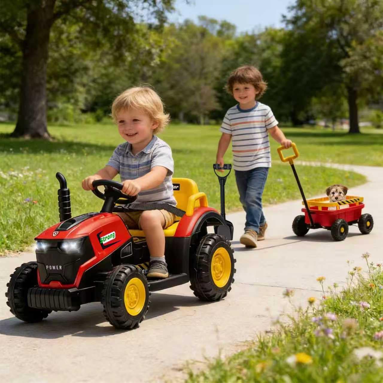 12V Kids Electric Ride On Toy Tractor with Trailer, Battery Powered 4 Wheels Ride On Car with Remote Control, LED Lights, Music, Electric Car for Kids Ages 3+, Red
