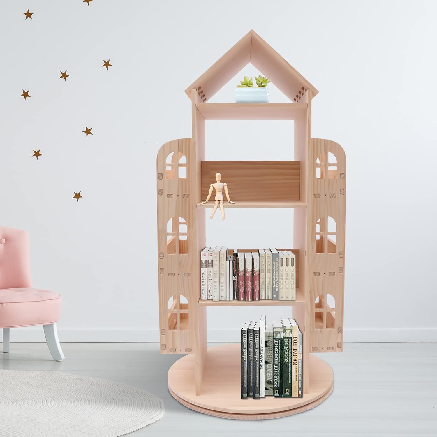 KONGKUNI Rotating Bookshelf for Kids, Wood Spinning Bookshelf, Corner Bookshelf, 360 Display Floor Standing Bookcase Storage Rack, Kid Bookshelf Organizer for Bedroom, Study Room,Kids Room, Nursery