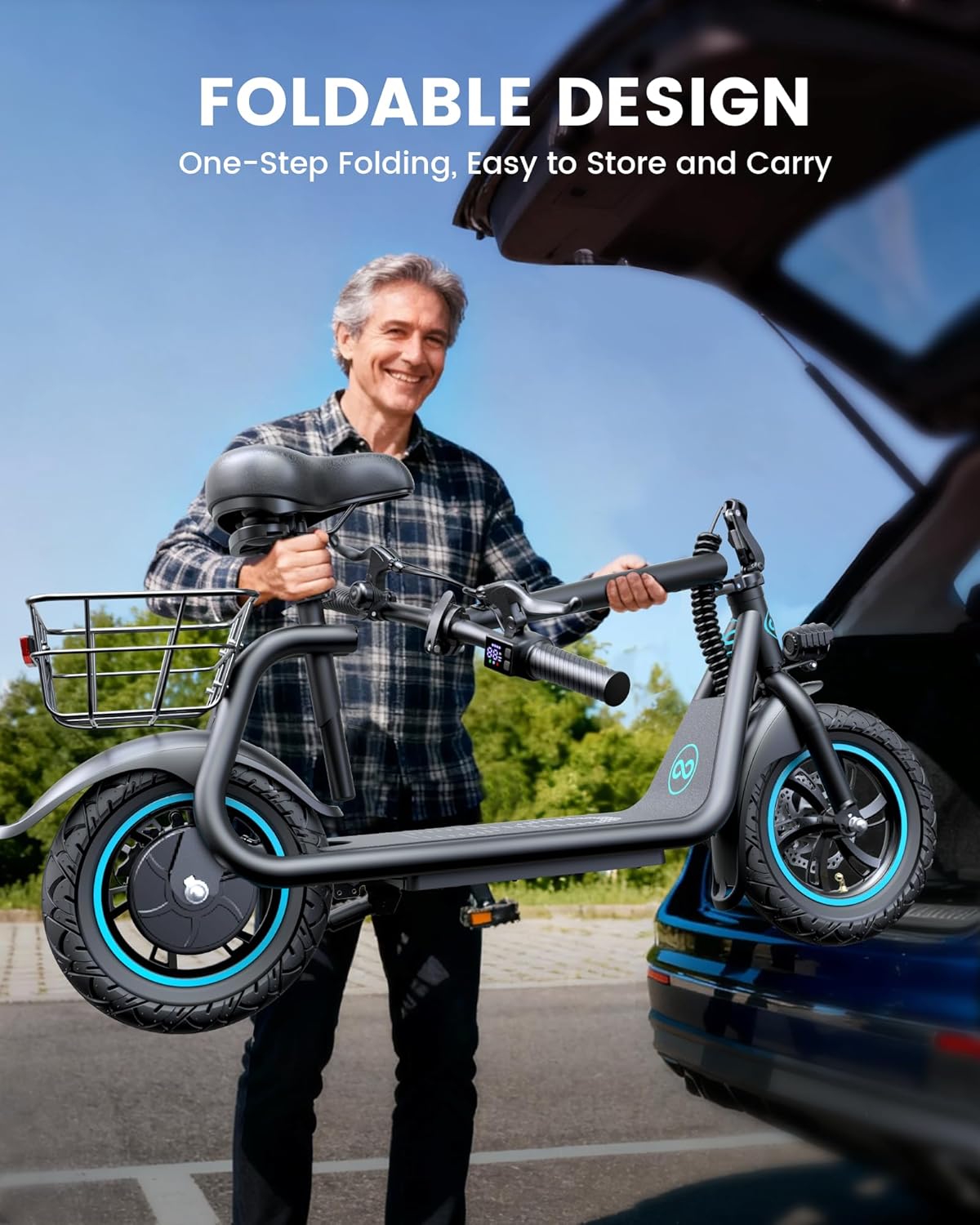 C1 Electric Scooter with Seat for Adults, 300W Motor, 20-Mile Range, 15.5 MPH, Foldable Commuter E-Scooter with Basket for Grocery, Pets, and Daily Commute– Carbon Black