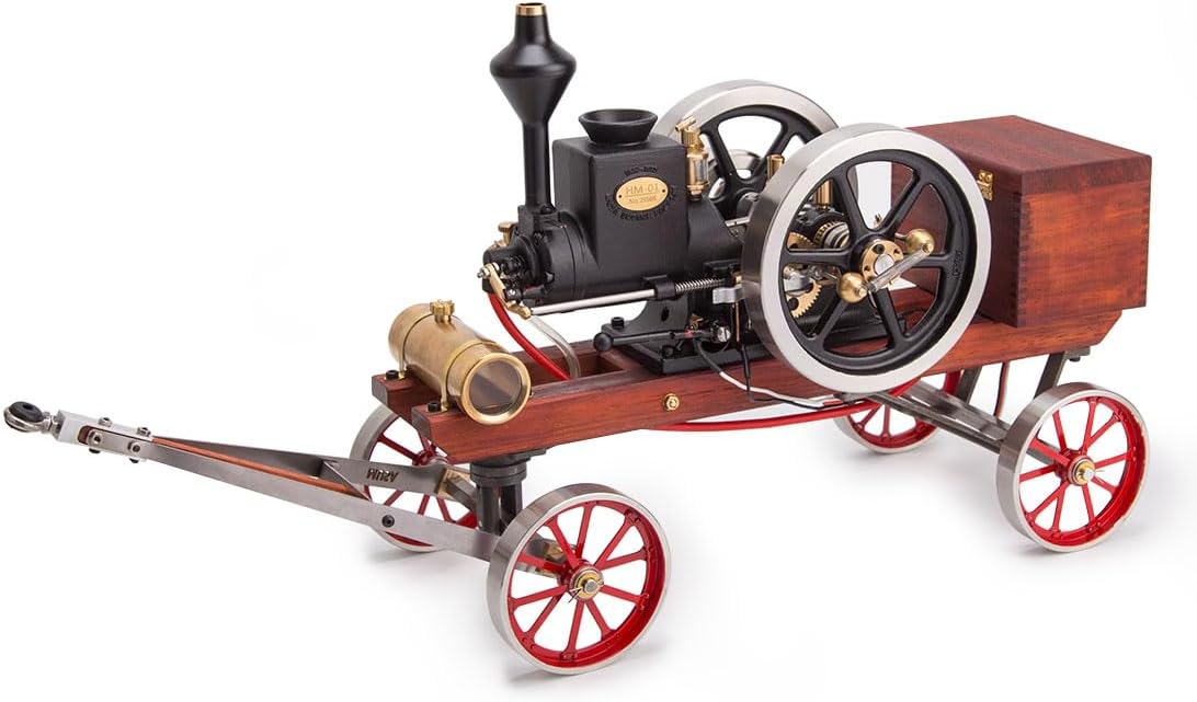 Retrol Engine HM-01 7cc Engine 4-Stroke Horizontal Hit and Miss Internal Combustion Engine Model (Assembled Version/Red) + Base Equipment + CDI Igniter + Spark Plug Kit + Transport Cart