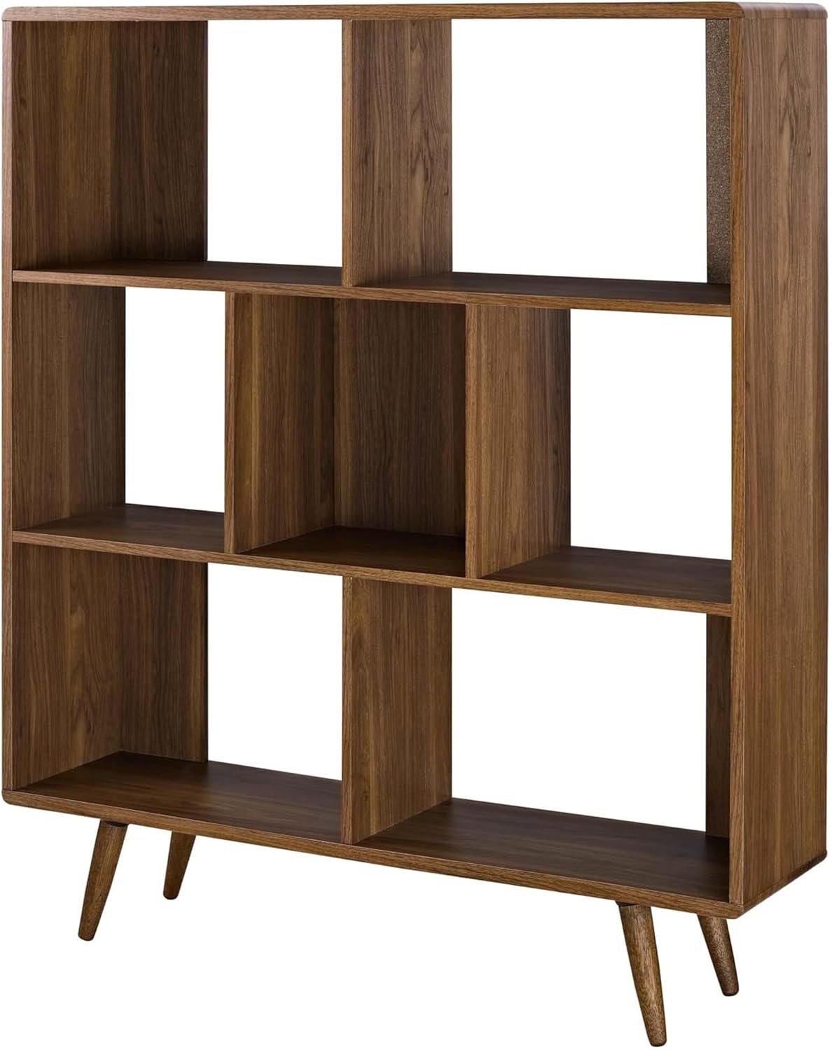 Mid-Century Modern Walnut Wooden 7 Shelf Bookcase Display Cabinet Brown Traditional Wood Finish Includes Hardware