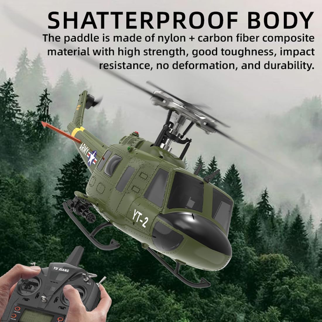 F07-V UH-1 Huey Brushless Military RC Helicopter, 1:34 Scale 2.4G 6CH Single Rotor RC Helicopter with 3D/6G Modes, High-Performance Stunt Drone for Advanced Pilots