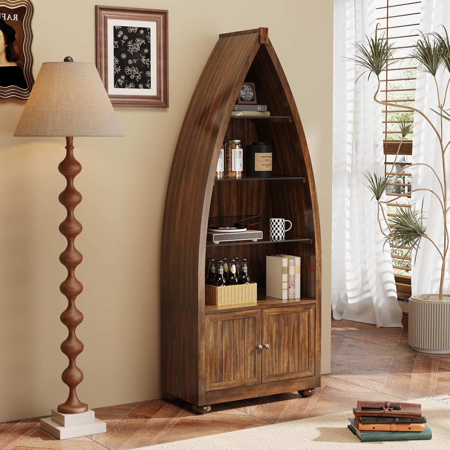 LEEMTORIG Boat Shaped Bookshelf 4-Tier Storage Bookcase with Door, Solid Wood Open Shleves Organizer with Storage Cabinet for Living Room Office, Mid-Century Modern, Walnut Brown YFSG-D0245-LWA