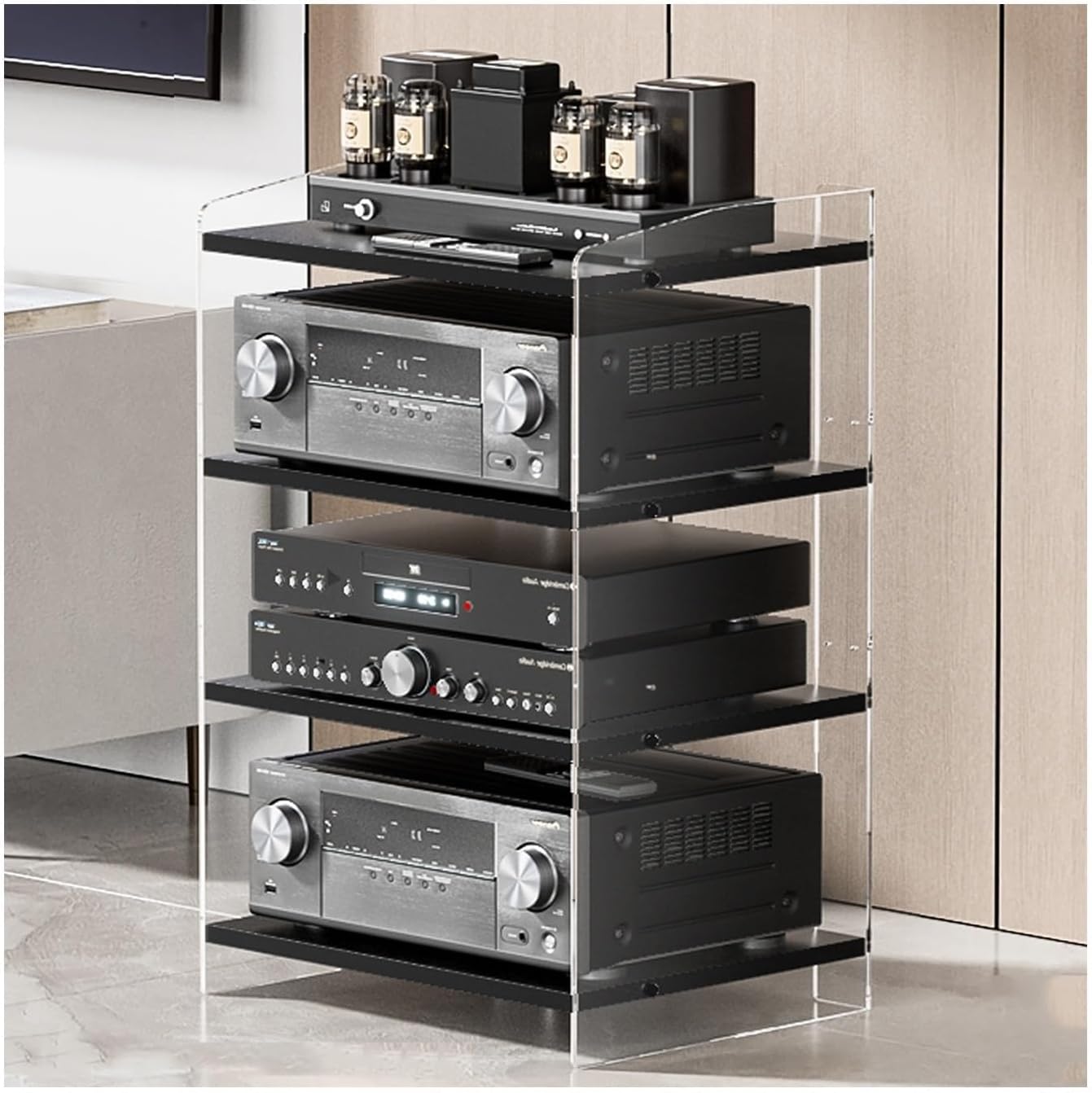 AV Media Stand with Adjustable Shelves Modern Acrylic Stereo Rack Audio Rack Tower Stereo Component Storage Cabinet Heavy Duty(Clear