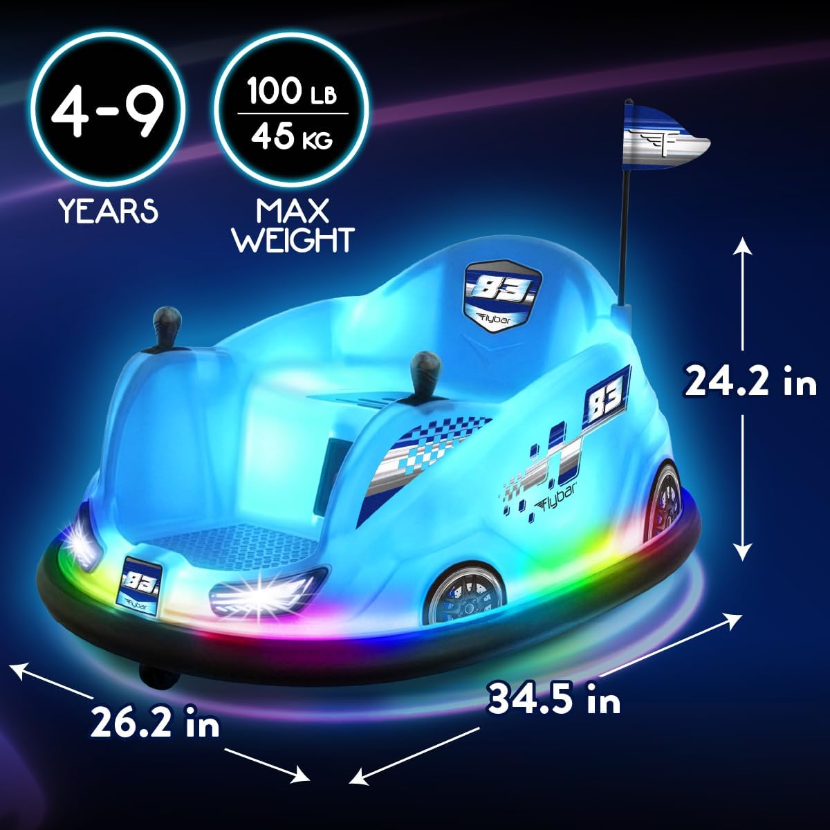 Flybar 12V Glow Bumper Car Ride On Toy - Indoor/Outdoor Toys, Toddler Toys, Bumper Cars, Kids Electric Car, w/ 360° Spins, Multi-Color LED Lights, Max Weight of 100lbs, Age 4-9yrs, Blue
