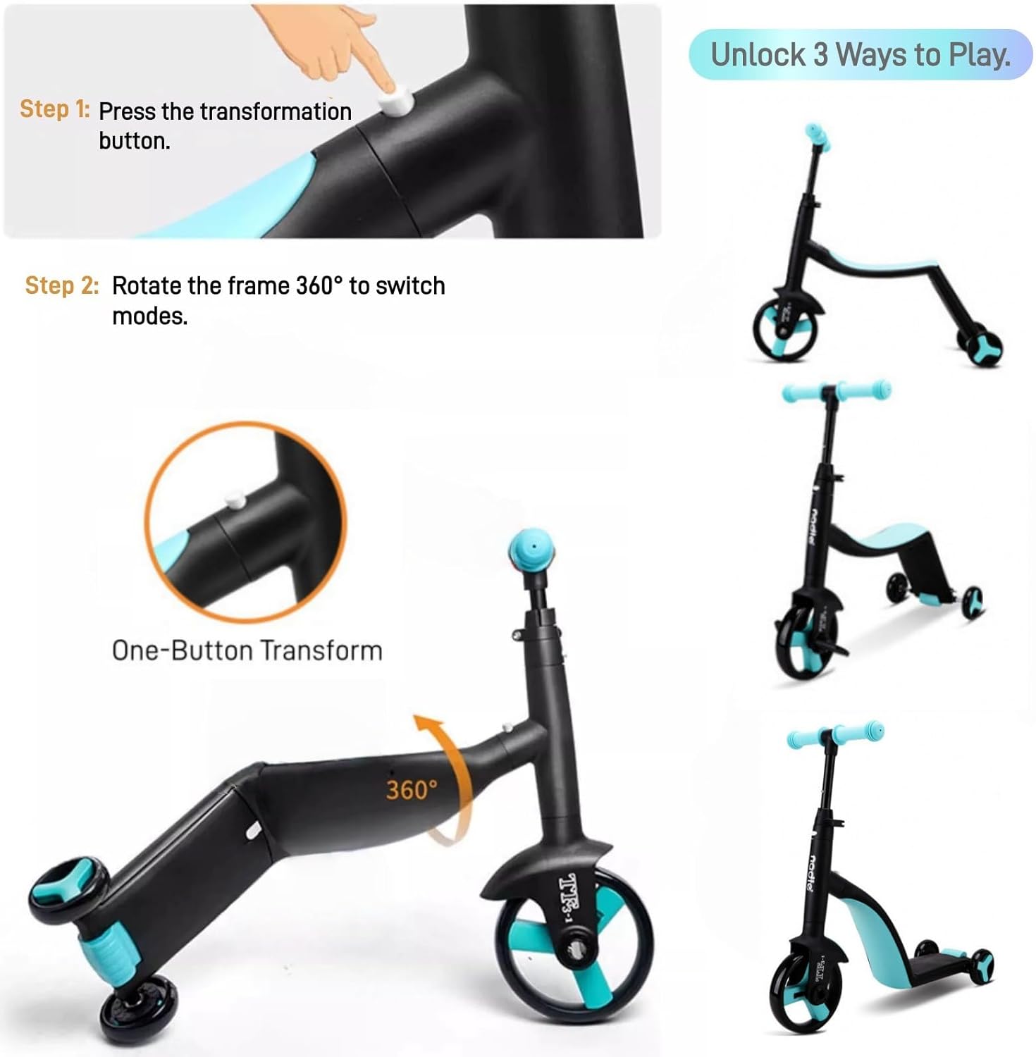 Kick Scooter, Adjustable Height Easy Handlebar, Balance Bike, Tricycle & Kick Scooter Triple-Use Scooter, Easy Turning Wheel