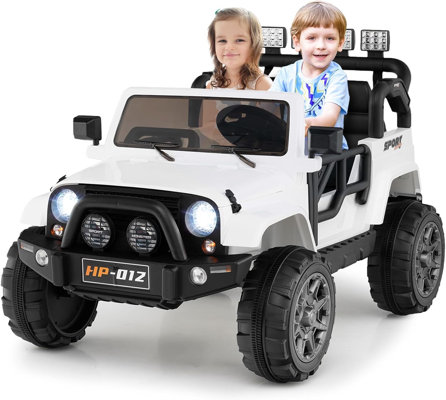 OLAKIDS 2 Seater Ride on Truck, 12V Battery Powered Electric Vehicle for Kids with Remote Control, Power Display, LED Lights, Story, Suspension System, MP3, Ride on Toy for 3+ Boys Girls (White)