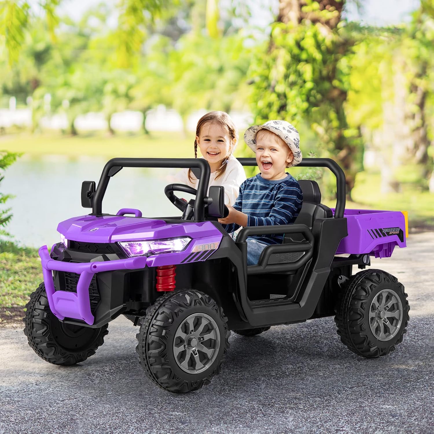 OLAKIDS 2 Seater Ride On Car, 12V Off-Road UTV Electric Vehicle with Remote Control, Dump Bed, Extra Shovel, Music, USB, AUX, Rocking Function, Kids Toddlers Battery Powered Truck (Violet)