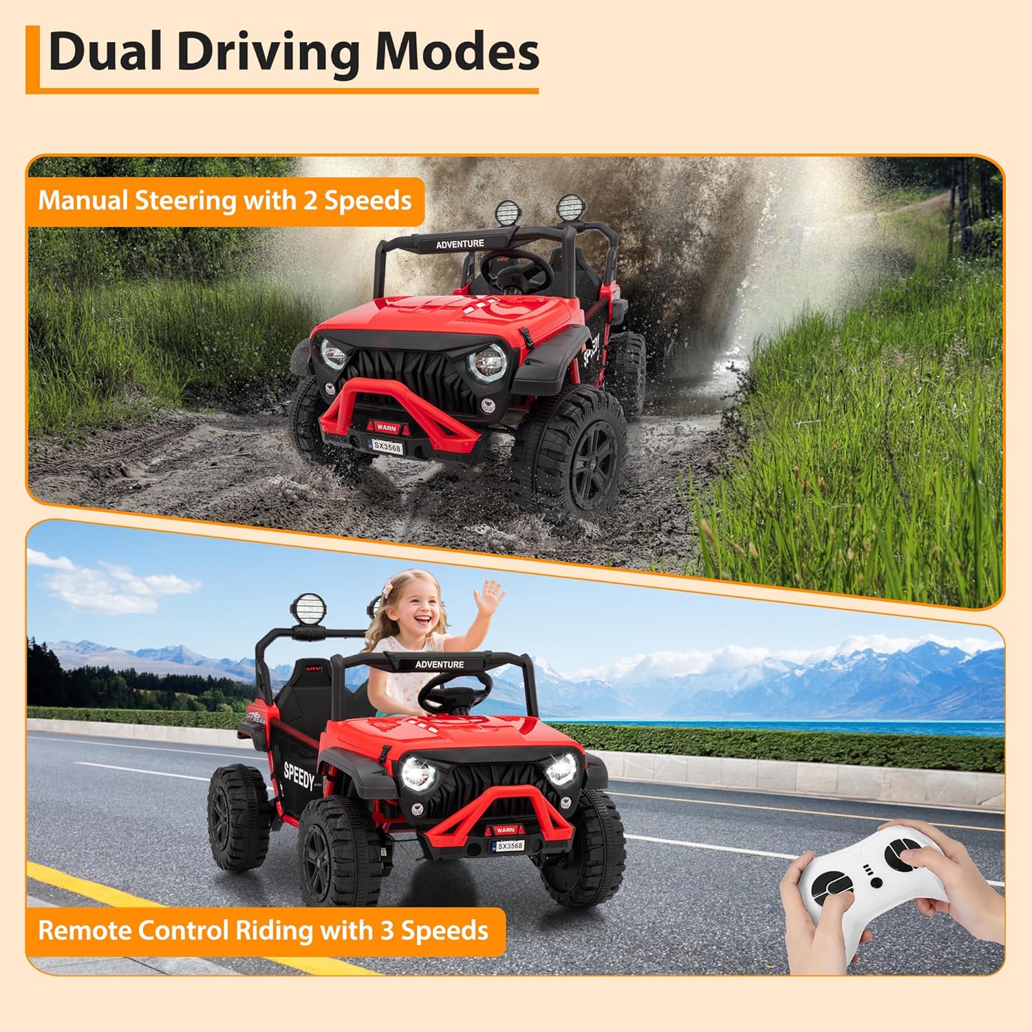 24V Ride on Car for Big Kids, Iron 2 Seater Ride on Toy, Fast 4.97MPH Truck, 4WD Kids Electric Vehicles with Remote Control, Spring Suspension, Front & Behind LED Lights, Dual Storage, Music, Red