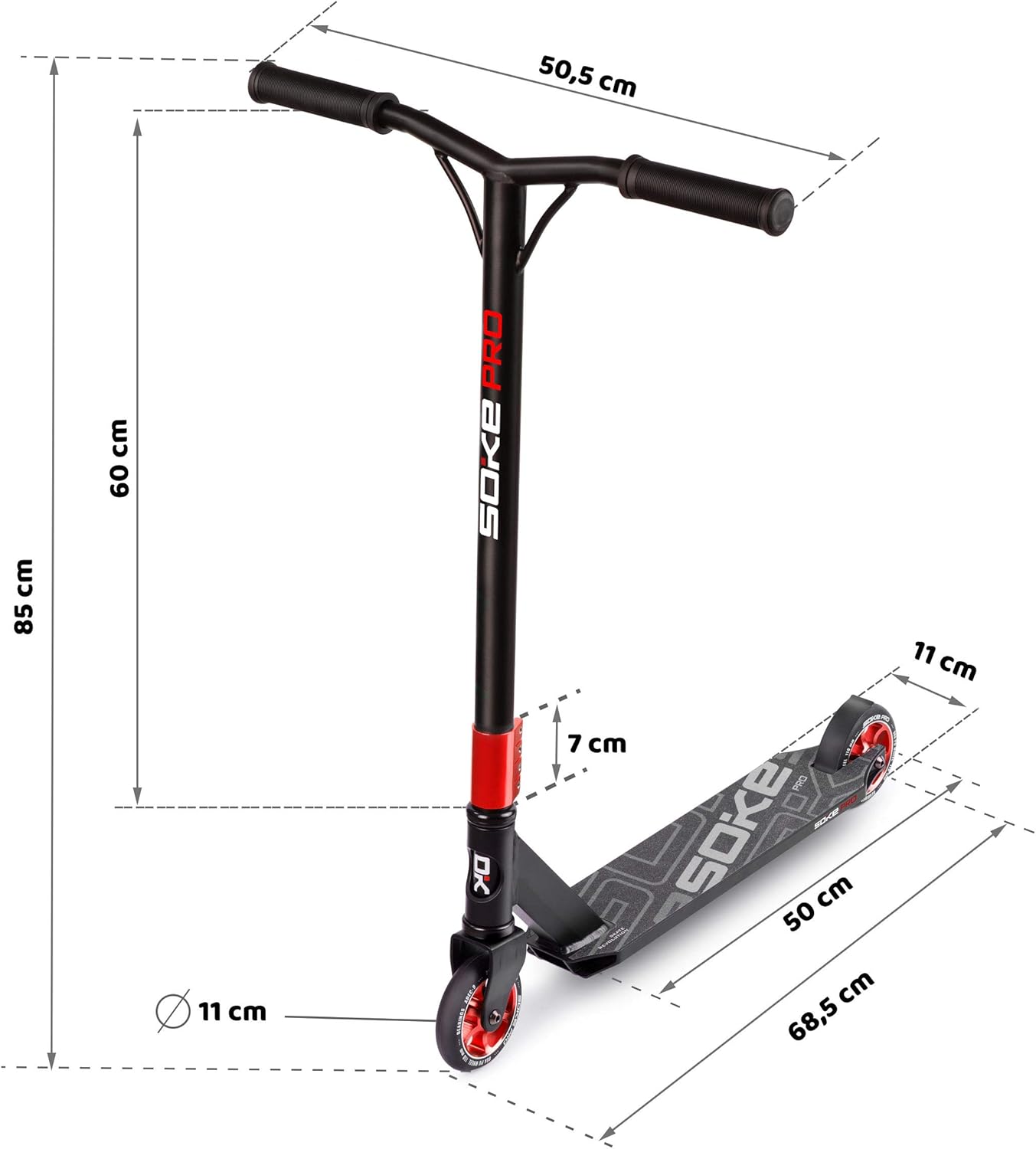 SOKE Stunt Scooter PRO Kick Scooter with ABEC 9 Ball Bearings, Scooter Trick Scooter for Adults and Children, Two Wheels, Freestyle City Scooter, 2 Wheels, Load Capacity 100 kg (Black/Red)