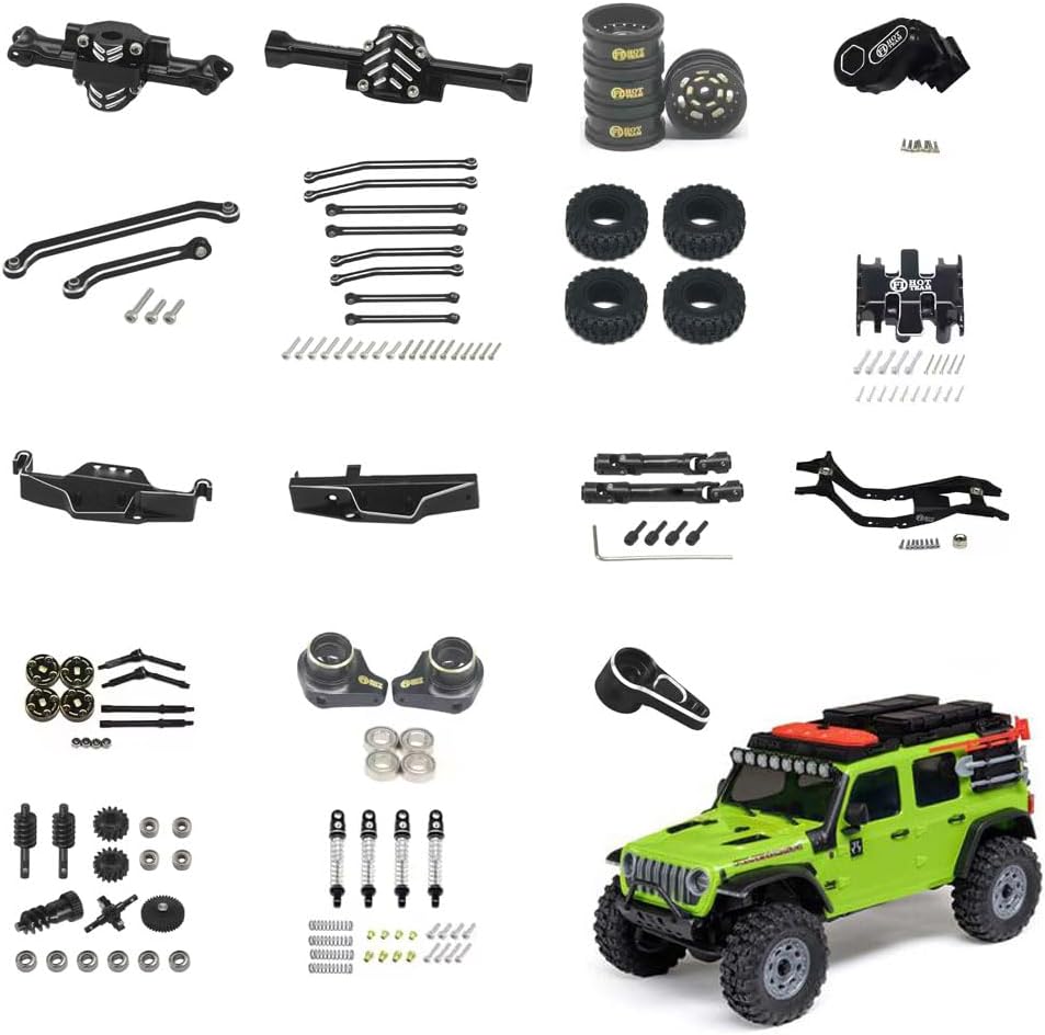 HotTeam Aluminum 17set Front/Rear axle 0.7'' Offset Brass Wheel and tire Gearbox and Rod Link Drive Shaft +4mm CVD 25mm Shock and Chassis with Magnet Fit Stock Body and Gear for AXIAL SCX30 RC Parts