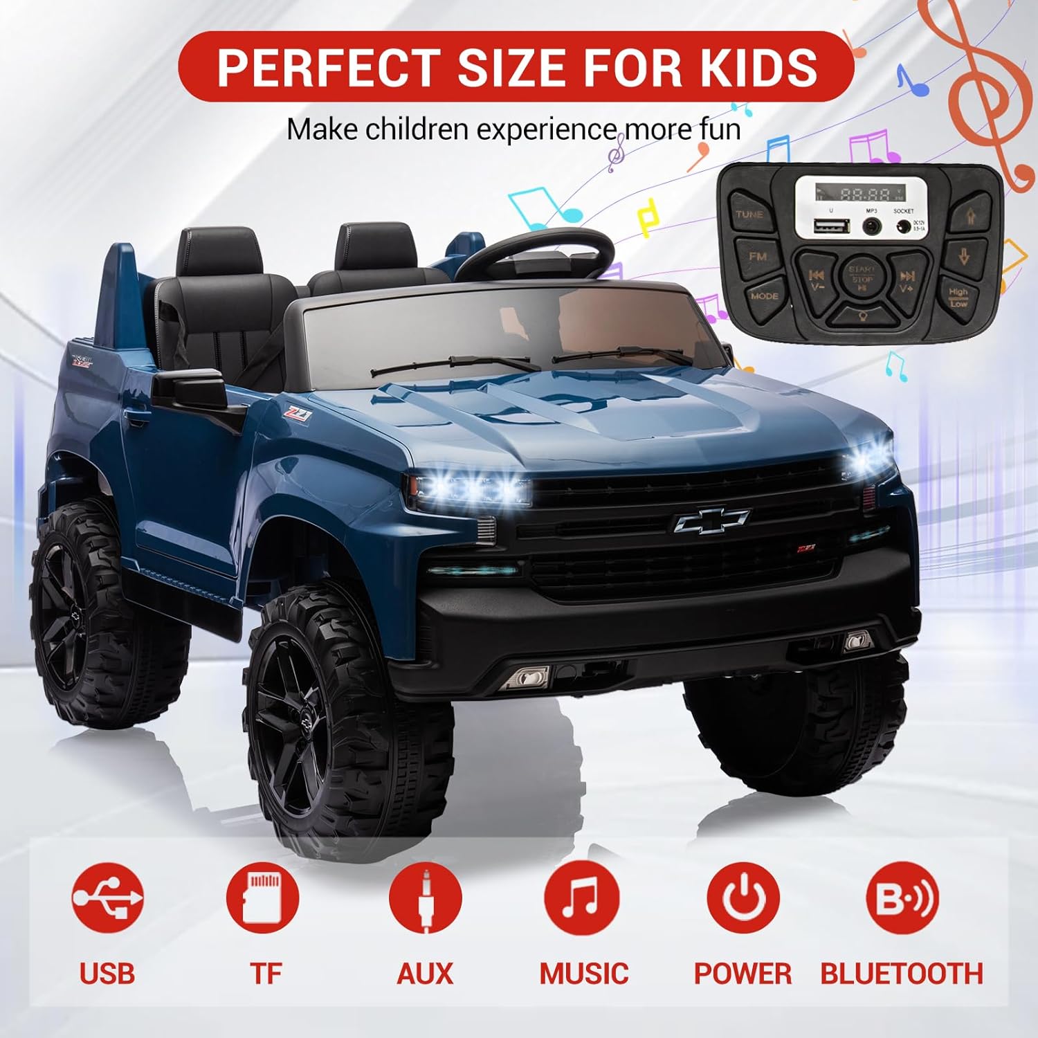 Licensed Chevrolet Silverado 2 Seater Ride-on Truck, 24V Electric Vehicle with Parent Remote Control for Toddlers & Kids, Blue