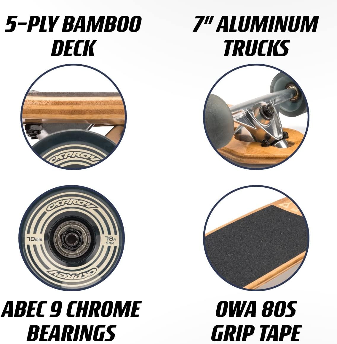 Osprey | Twin Tip Longboard, 42inch Complete Skateboard, 5-Ply Bamboo, for Kids, Adults and Beginners, Eagle, Multiple Colours