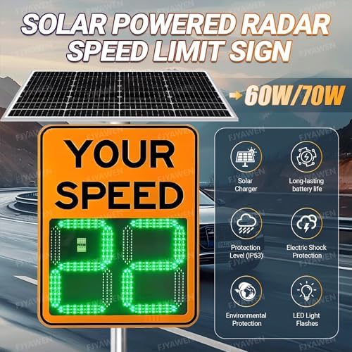 Solar LED Speed Limit Sign - Radar Vehicle Feedback Display, Waterproof Traffic Warning for 4 Lanes, Road Safety Signage 50x70cm/20x27 -, Bright, Easy Installation