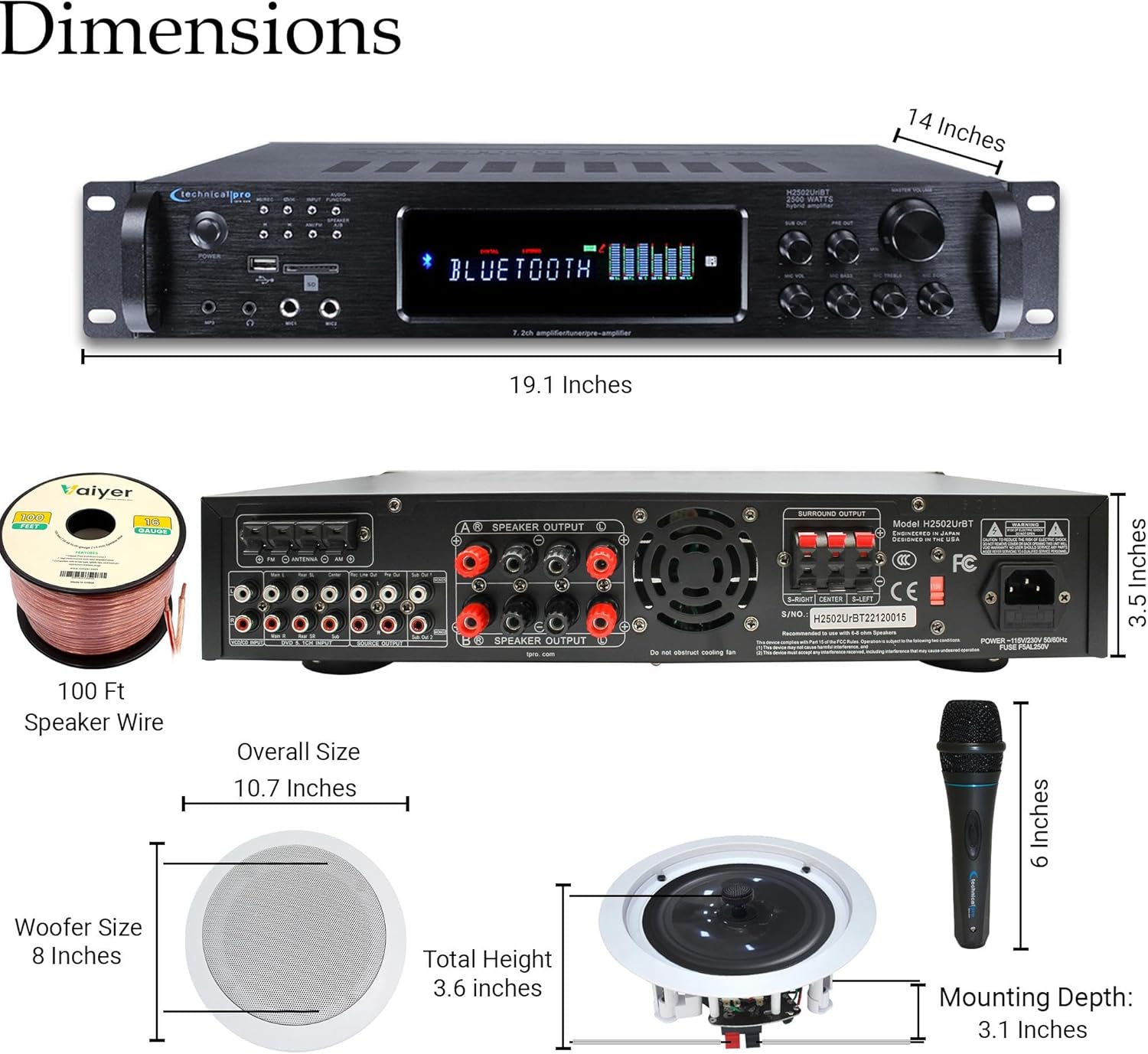 Home Stereo System Kit 7.2 Channel 2500 W Bluetooth Amplifier w/ 4 Qty of 8 Framed Ceiling Speakers 300 W Each