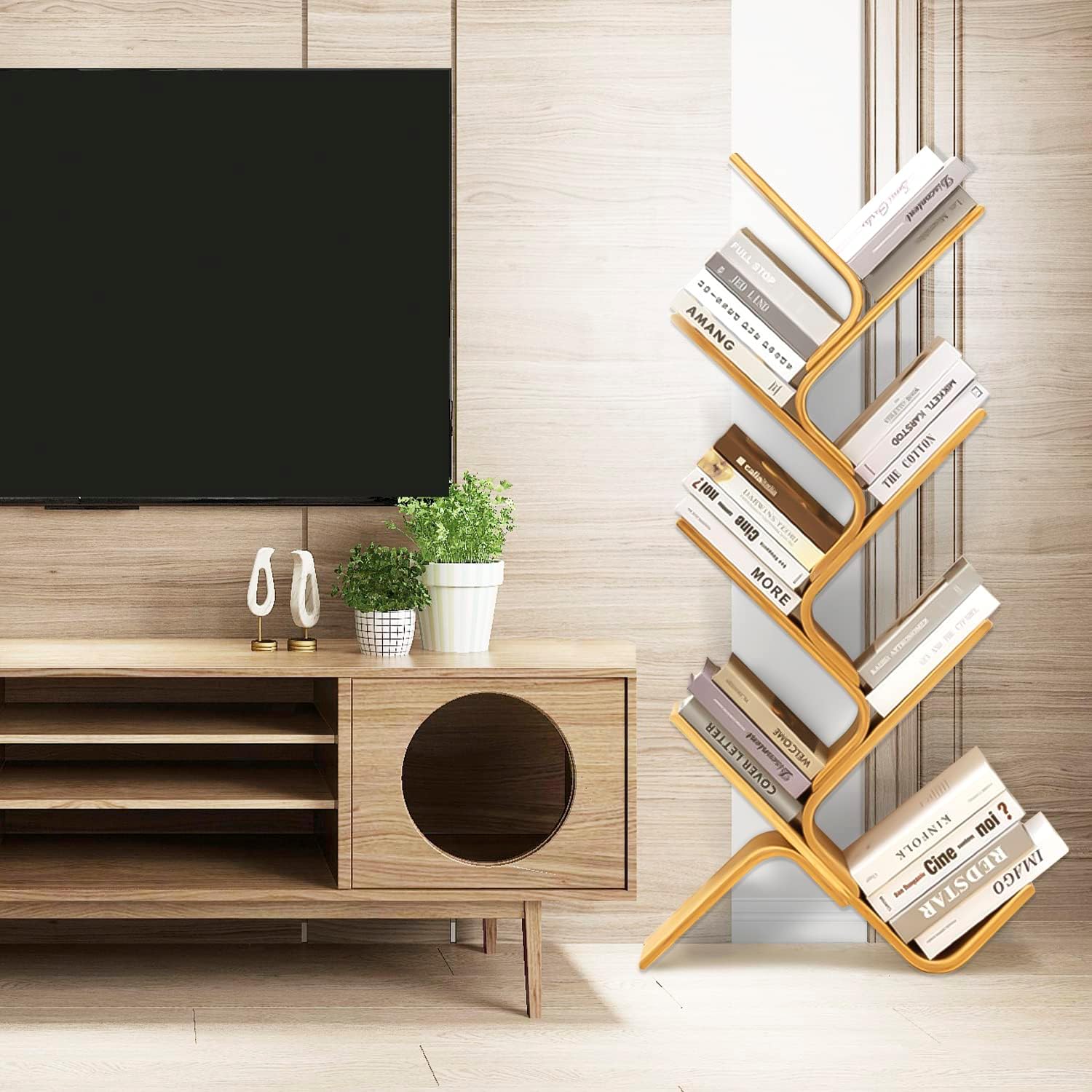 briteman 7-Tier Floor Bamboo Tree Bookshelf, Modern Standing Bookcase Office Book Storage Creative Curved Rack Organizer Shelves, Book Shelf Space Saver for Home Living Room Corner Bedroom