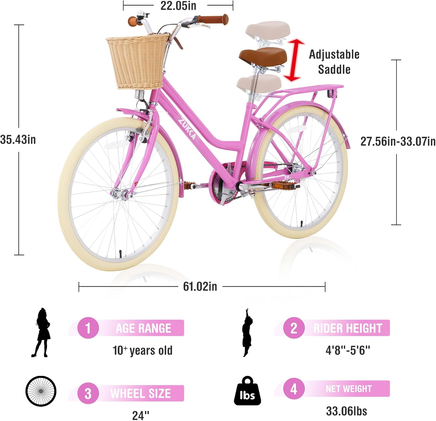 ZUKKA 20/24 Inch Girls Bike Single Speed Kids Bike with Woven Basket Cruiser Bike for Over 7 Years Old, Multiple Colors