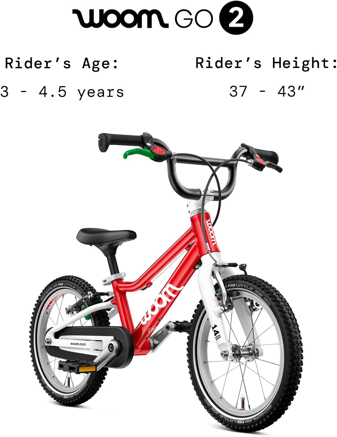 woom GO 2 Bicycle for Children 3 to 4.5 Years Old, 14-Inch Lightweight Bike with Handbrake, Steering Limiter & Chainguard for Boys & Girls