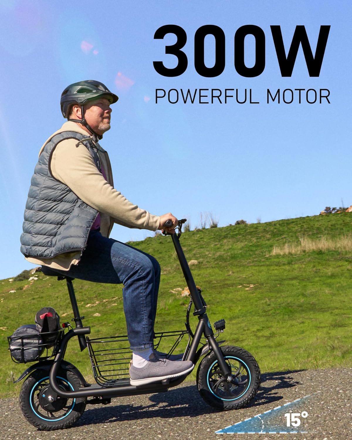 URBANMAX Electric Scooter with Seat for Adult,300W Motor,Up to 15.5 MPH,Max Range 20 Miles,Includes Ample Storage Basket for Pets Dogs Items,C1S-7S4