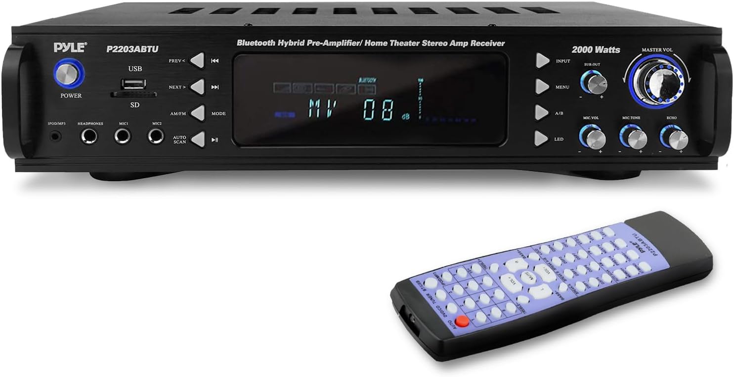 Pyle 4-Channel Bluetooth Home Power Amplifier - 2000 Watt Audio Stereo Receiver w/Speaker Selector