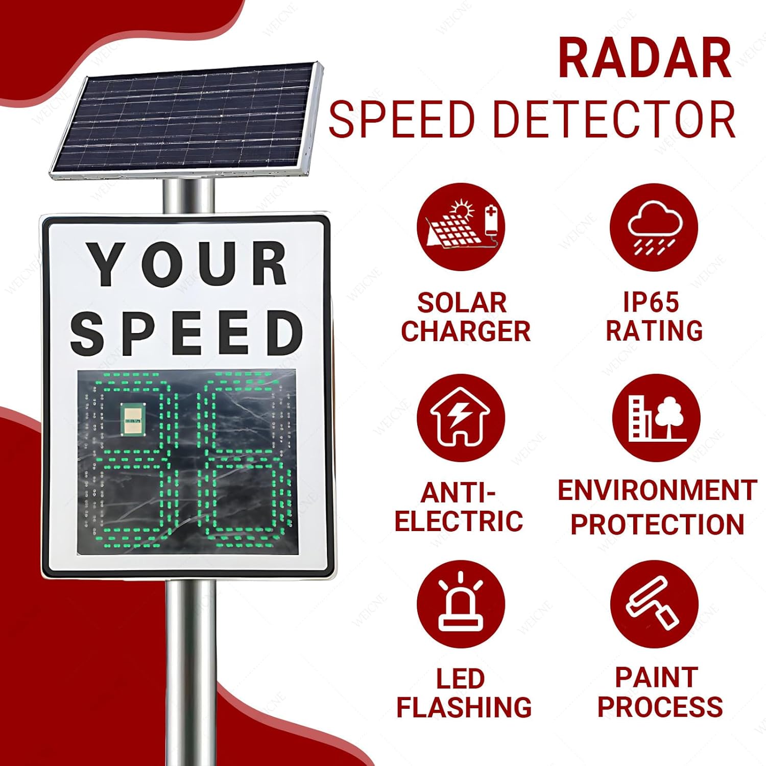 Road Warning Solar Radar Speed Limit Sign 23.6x35.4 Inch Two Digits Large Display Panel Remote Control for School and Highway Use