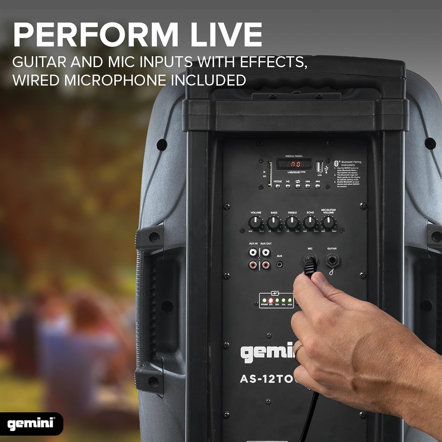 Gemini 12” 1500W Wireless Battery-Powered Bluetooth PA Speaker with Mic & Guitar Inputs, USB/SD/FM – Rugged Pro Audio for Outdoor Events, Instructors & Musicians (AS-12TOGO)