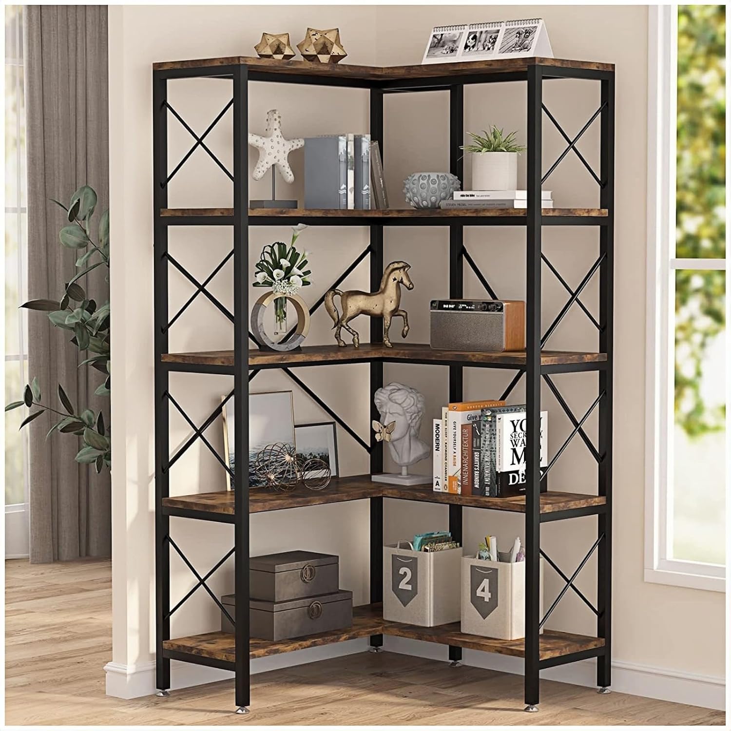 RuiDeJuJia 5-Tier Corner Bookshelf, L-Shaped Storage Rack with Metal Frame and Rustic Brown Wood Shelves, Modern Bookcase for Living Room, Home Office, Bedroom, Space-Saving Design