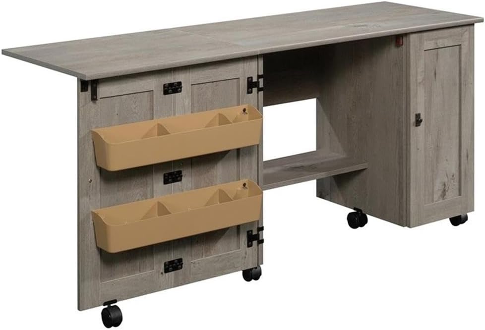 Home Square 2 Piece Mid Century Bookcase and Craft Table Set in Mystic Oak