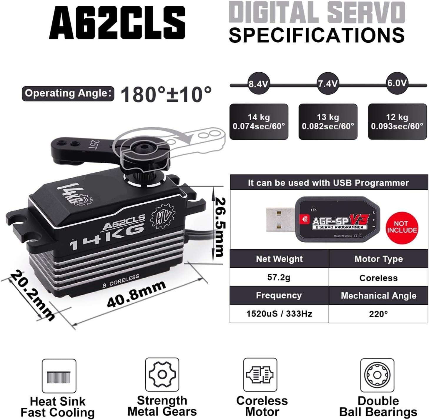 Programmable A62CLS 14KG Aluminum Housing 7.4V High Speed ​​Low Profile Steering Motor Remote Control Servo Suitable for 1/10 1/12(A62CLS 14kg Servo)