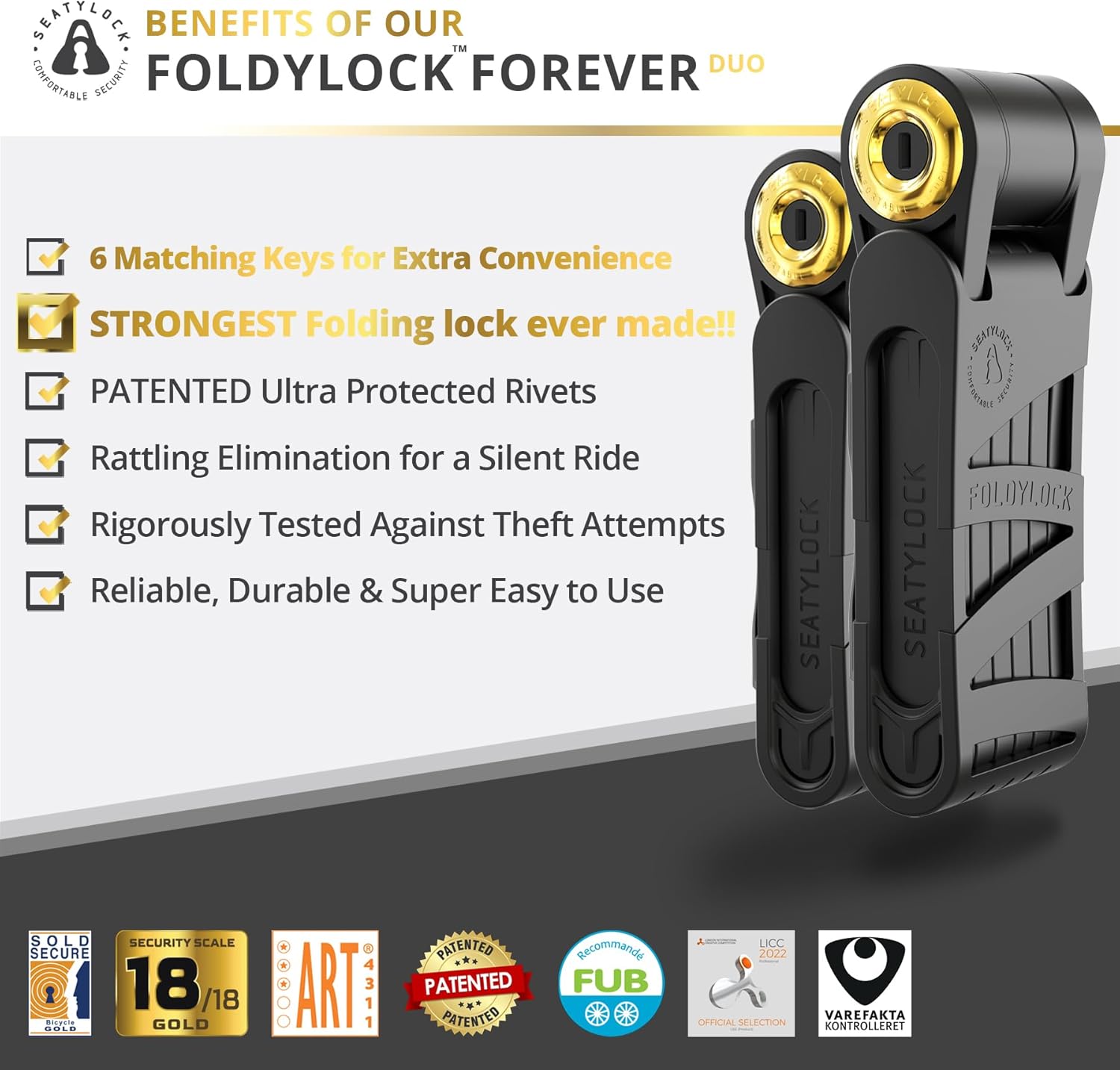 Seatylock FoldyLock Forever Folding Bike Lock Set - Patented 2 Matching Bicycle Locks with 6 Identical Keys - 18/18 Heavy Duty Anti Theft Secure Guard with Keys & Case Mount - 35.4