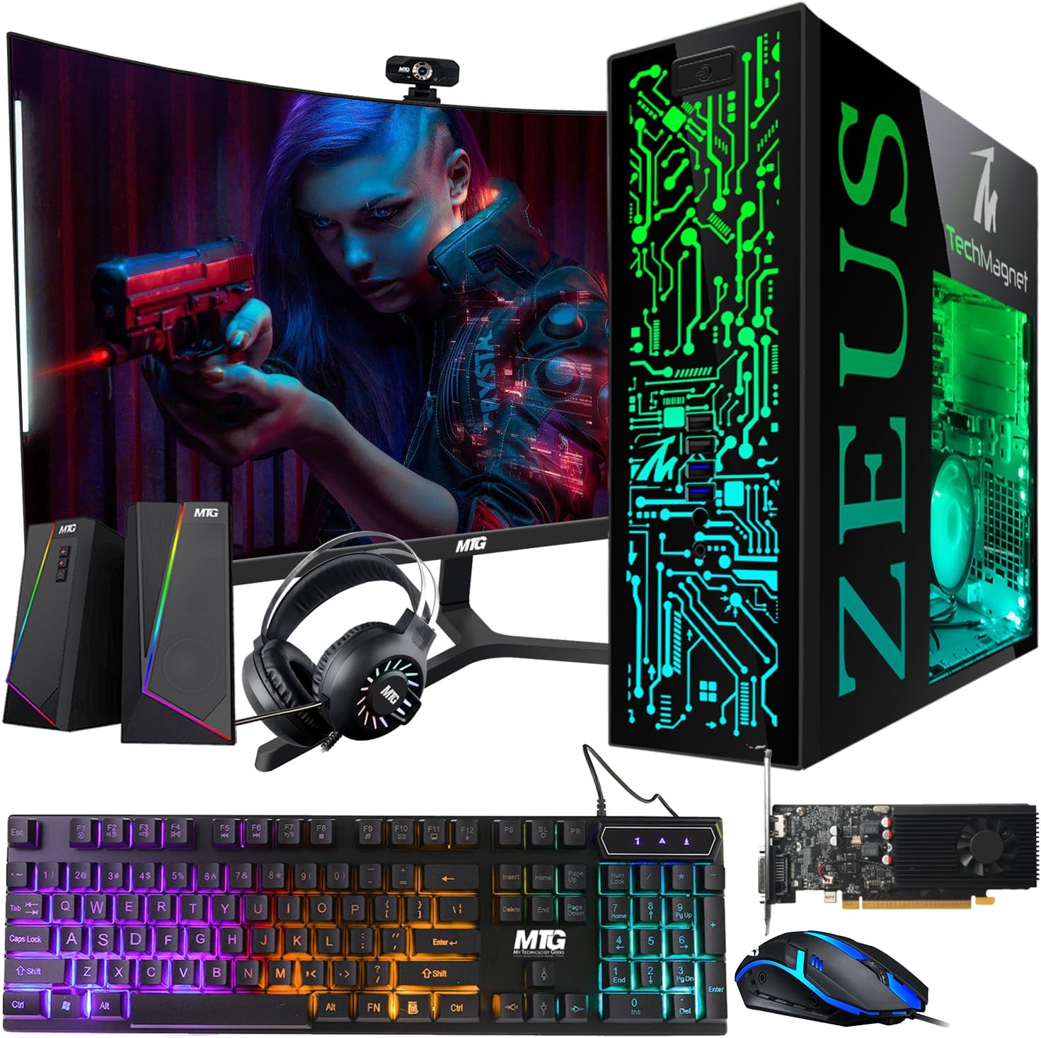 TechMagnet Gaming Desktop PC, Intel i5 6th Gen, Zeus Pro 6, GT 1030 2GB DDR5, 16GB RAM ARGB, 256GB SSD, MTG 24 Inch Curved Monitor, RGB Kit, Windows 11 (Renewed)