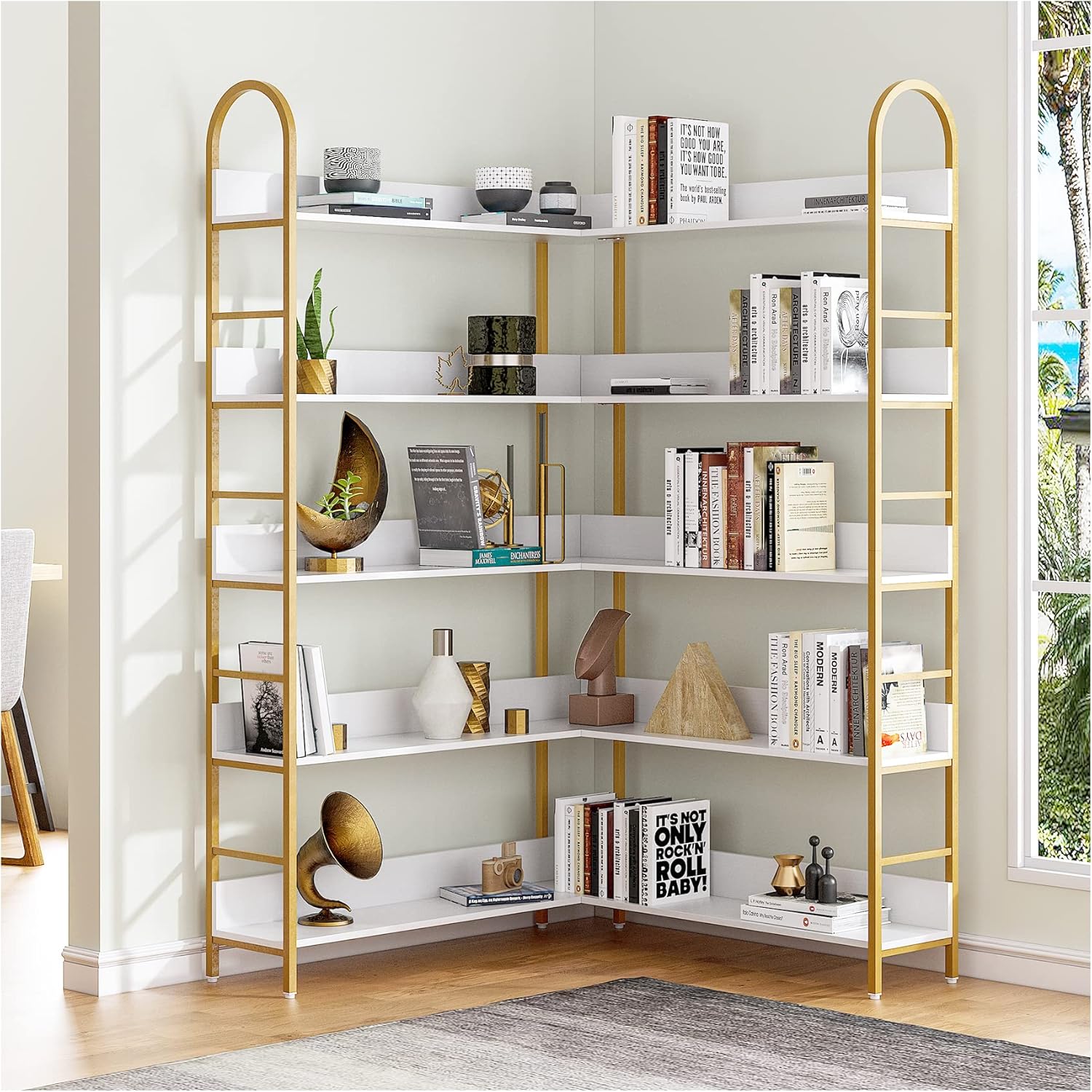 Semoic 5-Tier Gold Bookcase, L-Shape Corner Bookshelf White & Gold, Modern Display Shelf Book Shelves with Adjustable Foot, Freestanding Storage Shelves for Home Office Use