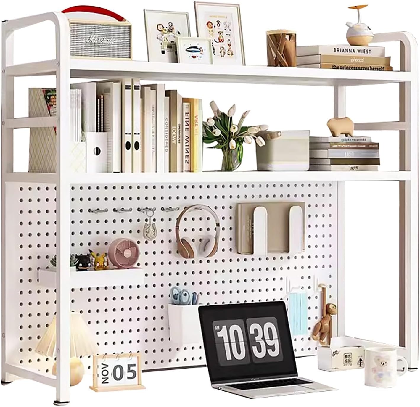 Desktop Bookshelf Organization Rack - Computer Desktop Bookshelf, Metal Desk Hutch Dorm Desktop Bookcase,2 Tier Desktop Organizers Storage Display Rack,Home Office Desk Shelf Desk Hutch(White,115x20x9