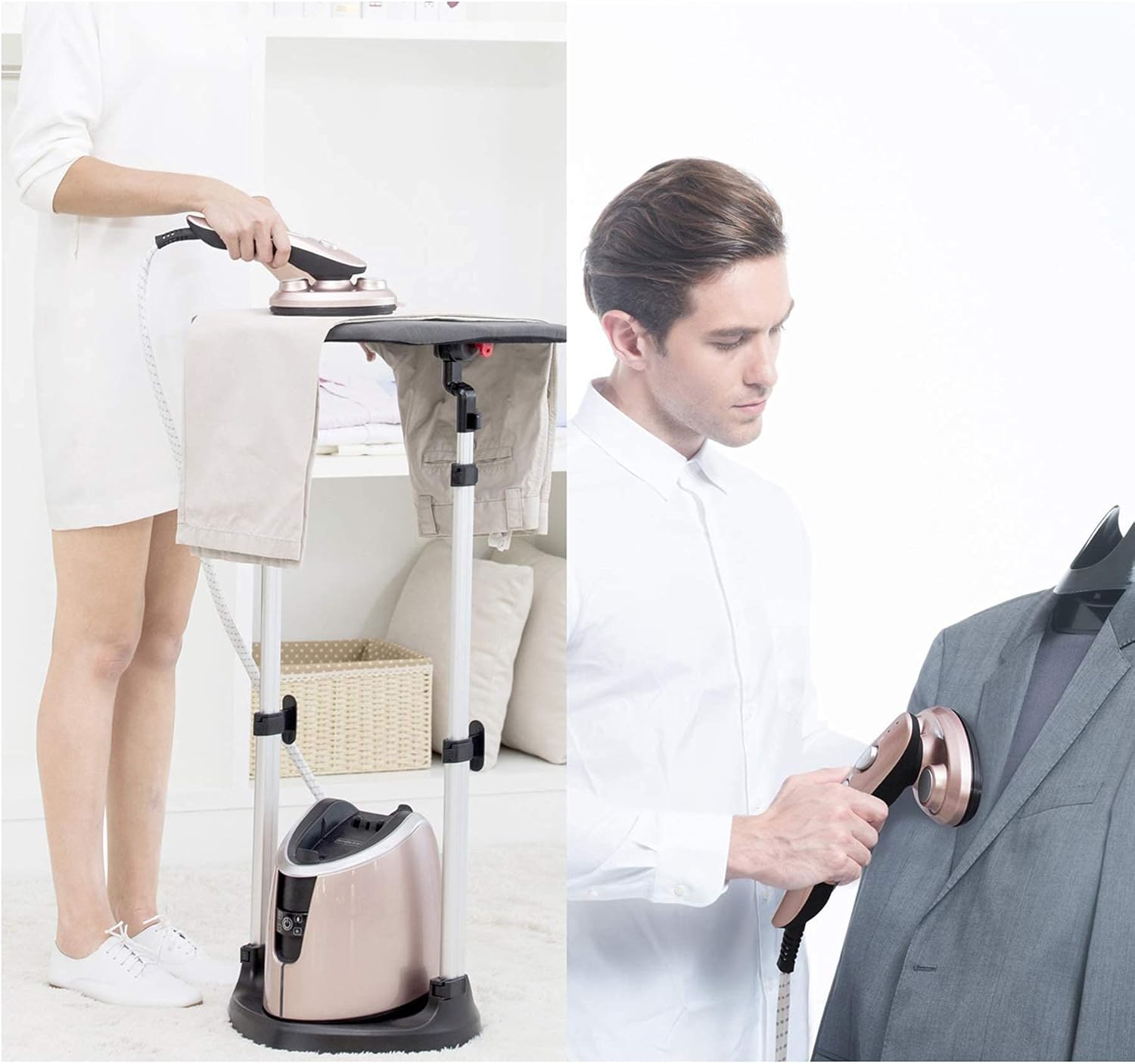 Clothes Garment Steamer - Vertical Double Pole Telescopic Clothes Steamer 1800W Professional Iron Household Small Iron Handheld Ironing with Ironing Board,Pink