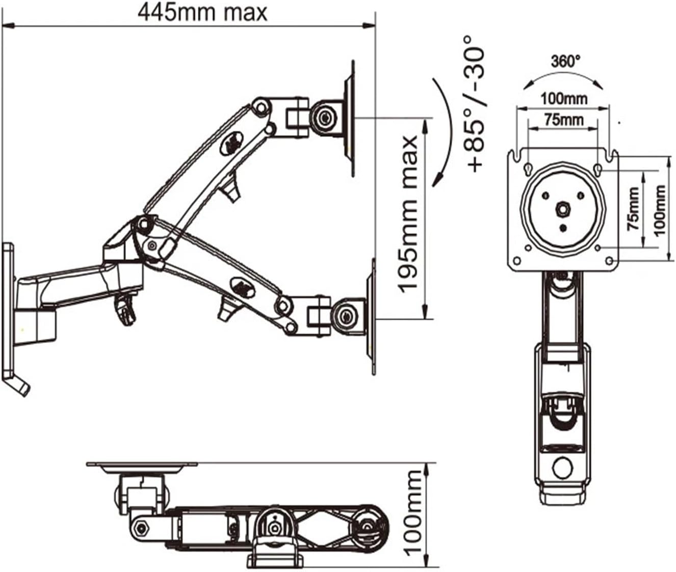 F150 F15T 3-12kg 100x100 Gas Spring Dual Arm Laptop Wall Mount 13