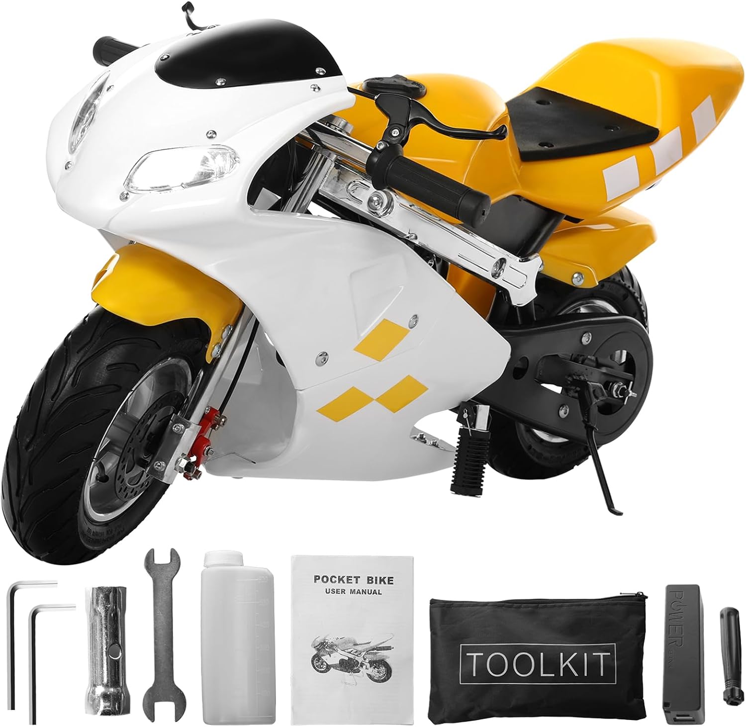 49cc 2-Stroke Pocket Bike,Mini Gas Motorbike,Off Road Trail Bike Dual Headlights Rubber Handlebar 1.25L Gas Tank Motorcycle Strong Power 170 lbs Mini Bike Motorcycle USA Warehouse (White & Yellow)