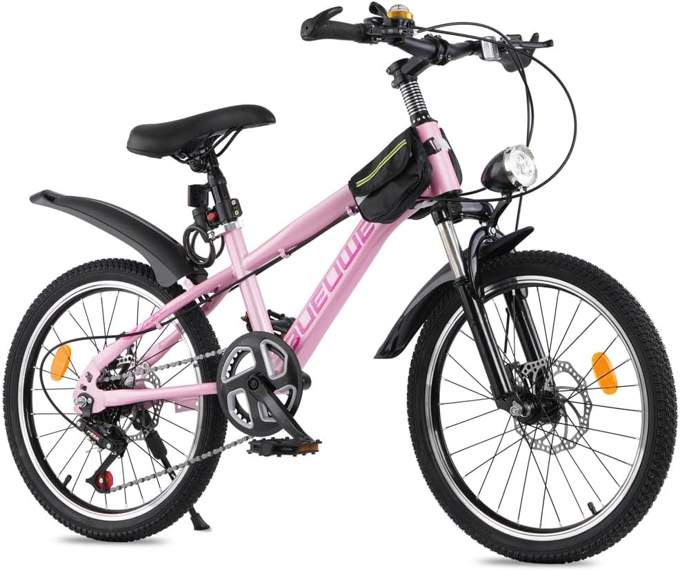 Bueuwe 20 24 Inch Kids Mountain Bike, Children Bicycles for Boys and Girls Ages 6-12, 7 Speed Teenager Bikes with Disc Brakes, Adjustable Handlebars and Seat, Kickstand,Pink,24 Inch