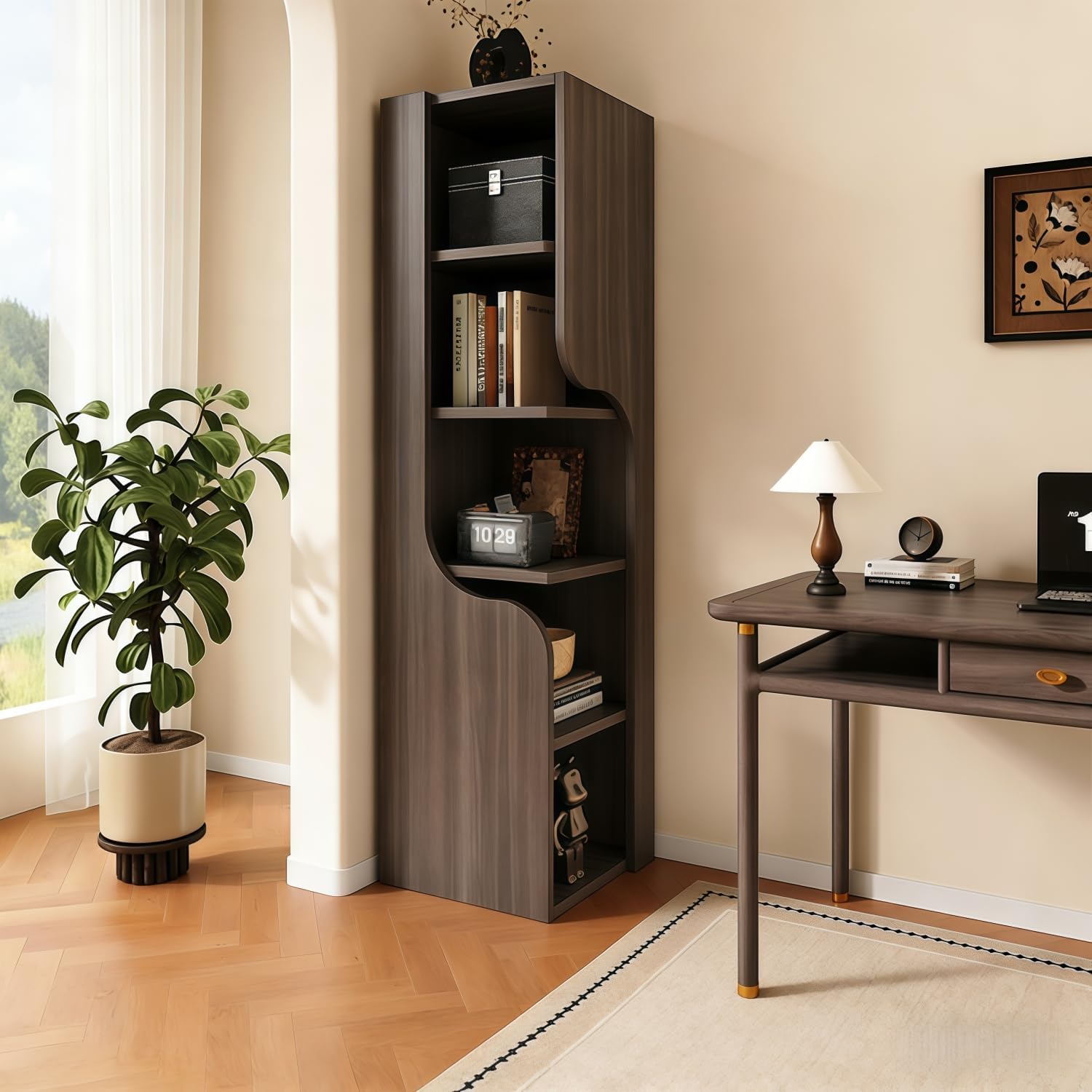 Kavie Wave Design Bookshelf, Solid Wood Open Bookcase with Safety Back, Narrow Floor Standing Shelf for Living Room Corner, Bedroom (Walnut,15.7