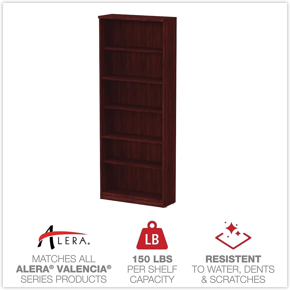 Alera VA638232MY Valencia Bookcase, 6-Shelf, 31-3/4 x 14 x 80-3/8, Mahogany