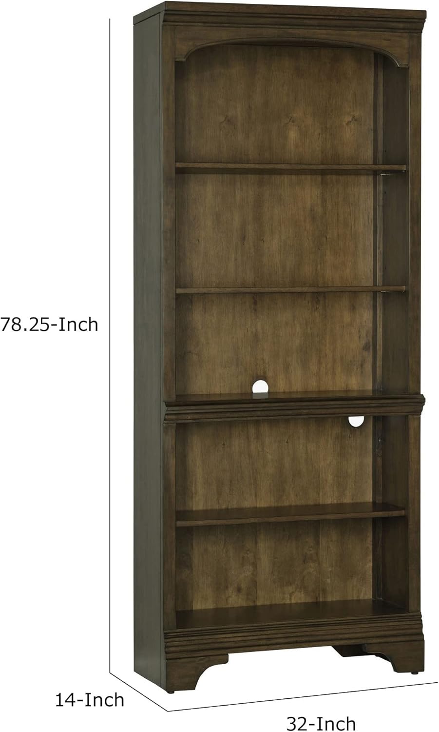 Benjara BM280385 78 in. Tia 5 Tier Rubberwood Bookcase with 3 Adjustable Shelves Oak Brown