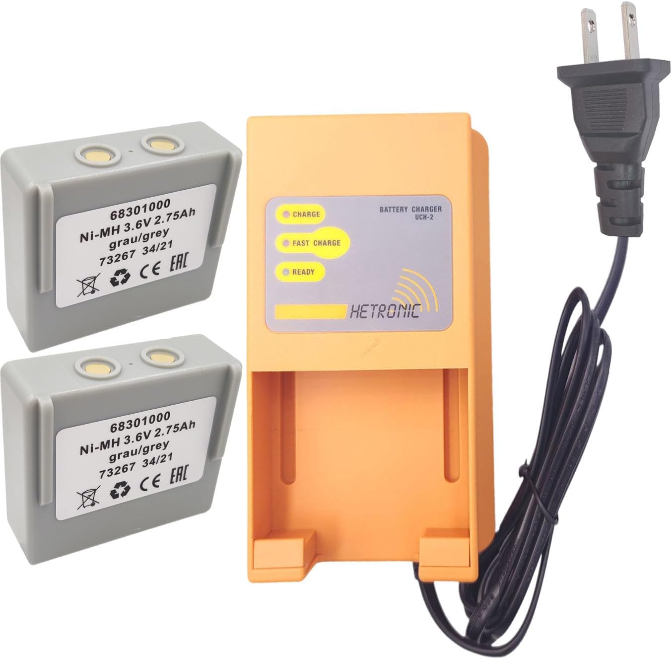 (2*Battery+1*Charger) 68300900 68301000 Battery Charger UCH-2 with 2750mAh 3.6V Hetronic 68301000 Ni-MH Battery Compatible with Hetronic 68300900/68300990 Batteries(Input 90-270VAC, Out 300/780mA)